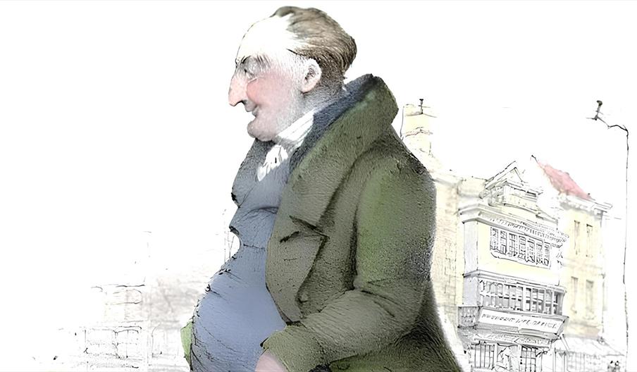 An old fashioned caricature painting of 18th century banker Jemmy Wood in a waistcoat and jacket sitting down with a street in Gloucester behind him