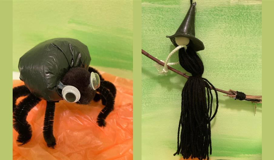 A spider made from a black pom pom with pipe cleaner legs and googly eyes, and a witch made from string and wool with a wooden bead head riding on a b