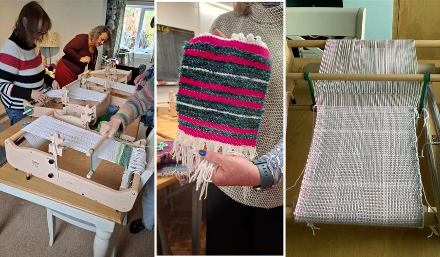 People weaving on small wooden looms and someone holding a brightly coloured rectangle of woven fabric