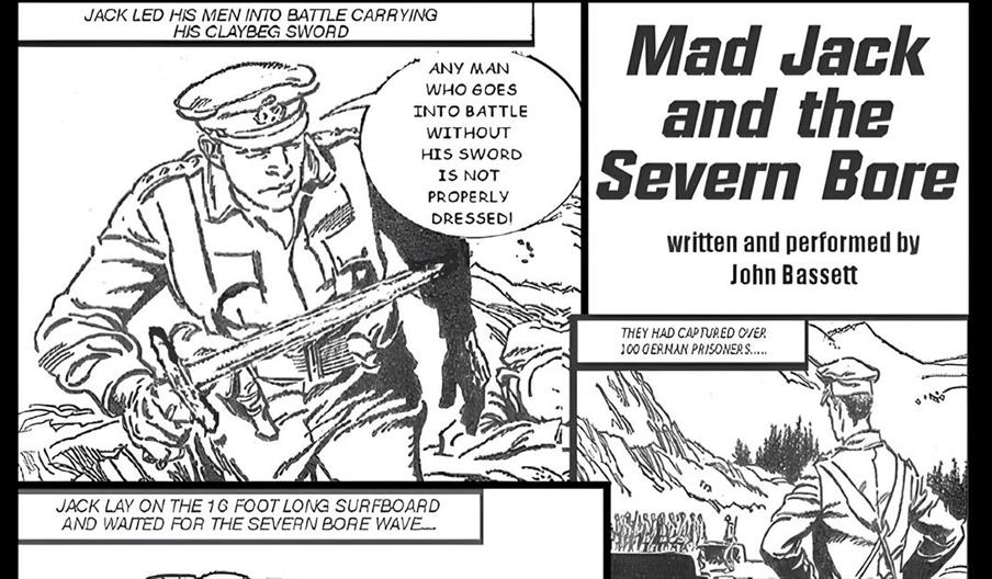 A black and white comic strip style illustration detailing the various exploits of a British soldier including going into battle with a sword, capturi