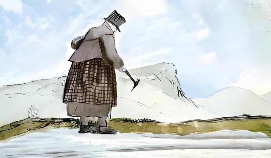 An impressionistic watercolour painting of a woman in nineteenth century dress carrying a geologists hammer on a rocky beach