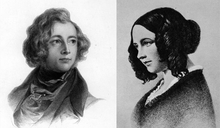 A nineteenth century pencil drawing of the young Charles Dickens next to a similar drawing of his wife Catherine.