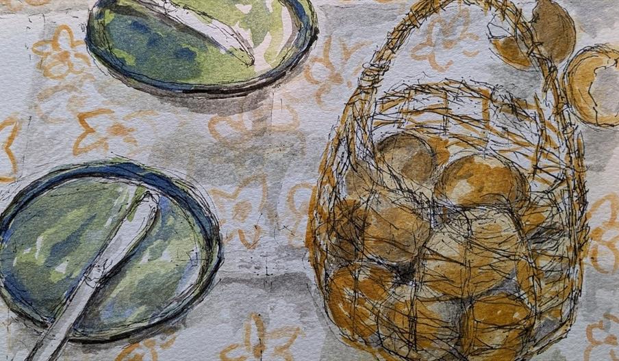 A watercolour painting of a basket of brown eggs on a table with two sets of plates and knives.