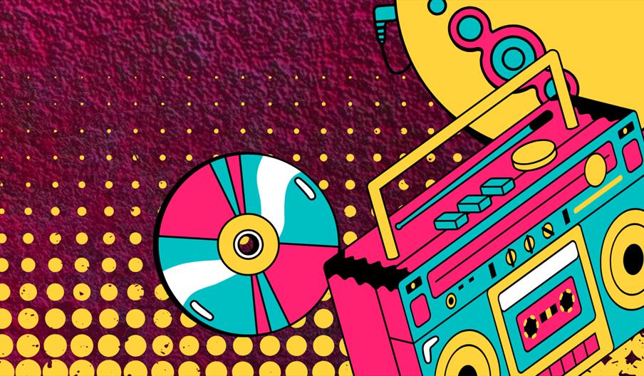 A brightly coloured cartoon of a boom box, a CD and a Walkman.
