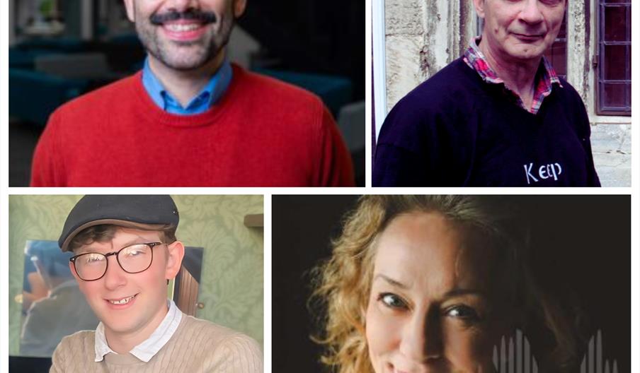 A collage of four photographs of the main speakers: a man in a red jumper with orange glasses and black hair and beard, a man in a black jumper with g