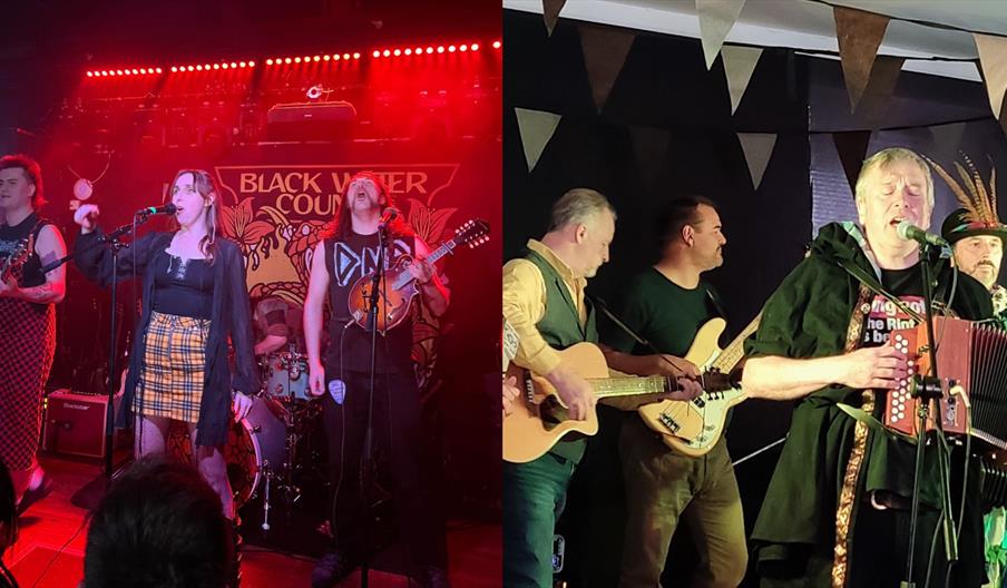 On the Left, three young men on bass guitar, mandolin and drums and a young woman singing. On the Right, a man with short grey hair singing and playin