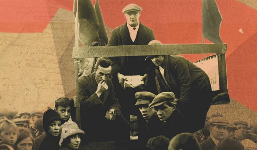 A black and white photograph of a group of people in 1920s dress sitting on top of a cart