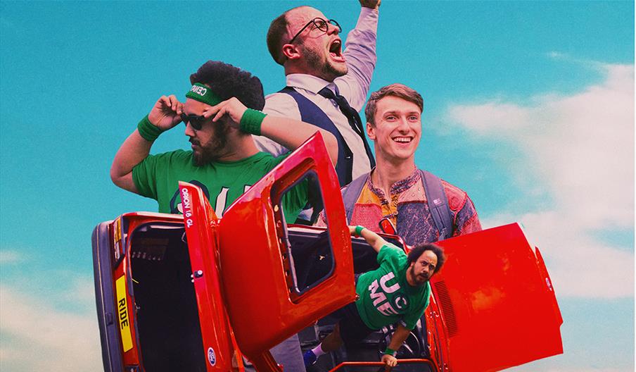 A poster image of three men and a red spinning car.