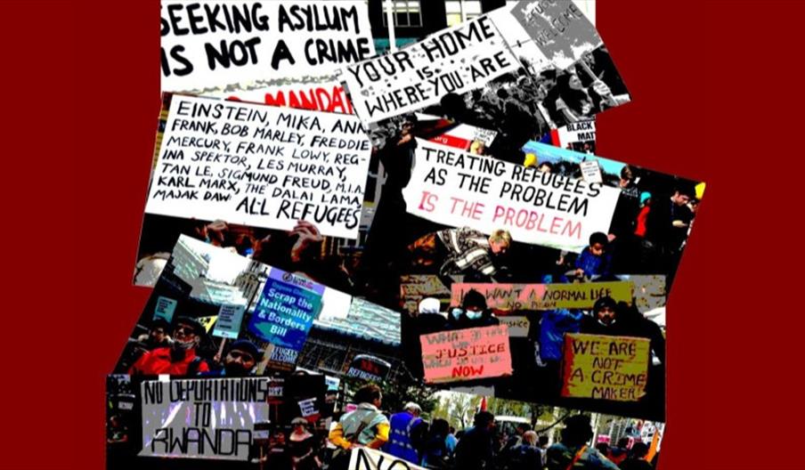 An outdoor demonstration with people holding a range of posters calling for justice for refugees