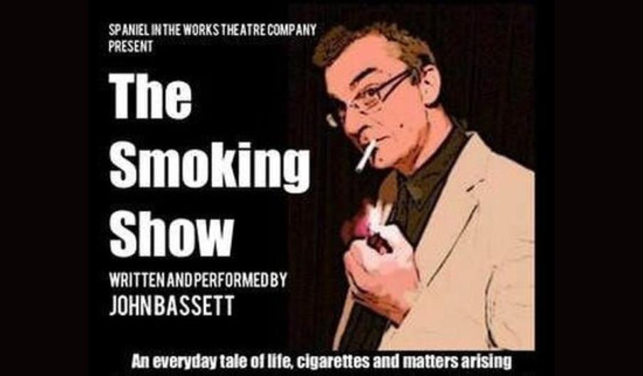 A comic book style image of a bespectacled man in a beige jacket and black shirt lighting a cigarette against a black background