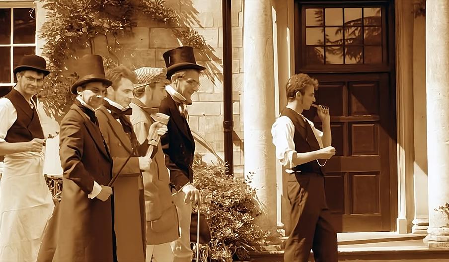 Actor John Bassett in several different Victorian costumes representing different social classes, edited to look as if they are all in the same sepia
