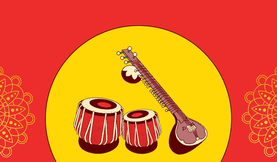 A drawing of a sitar and two tabla drums against a yellow and orange background