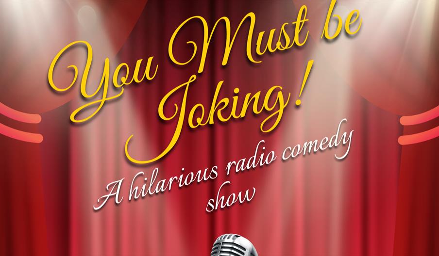 Cursive text reading "you must be joking" in front of a pair of red theatre curtains with bright lights coming from above