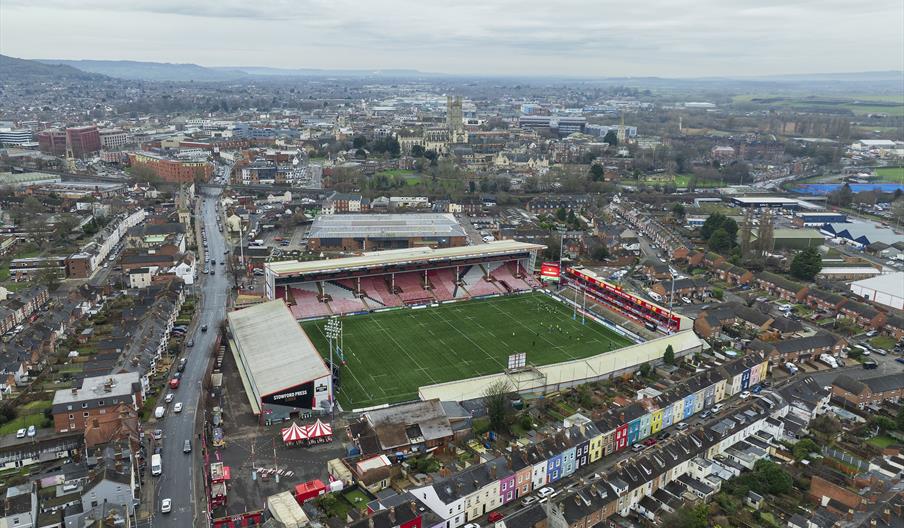 Aerial view of Kingsholm Stadium in Gloucester