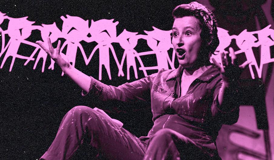 A grainy pink and black image of Viv on stage with a string of paper dolls behind her.