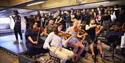 An orchestra and choir performing in a car park