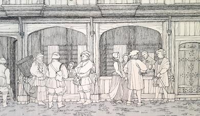 A line drawing of a Tudor building with merchants bartering outside the windows