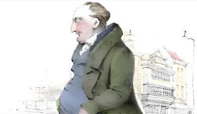 An old fashioned caricature painting of 18th century banker Jemmy Wood in a waistcoat and jacket sitting down with a street in Gloucester behind him