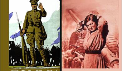 A soldier in World War One uniform next to a female munitions worker with guns and tanks in the background.