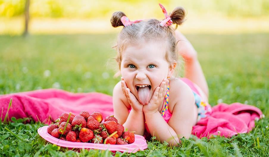 A child sat next to a plate of strawberries