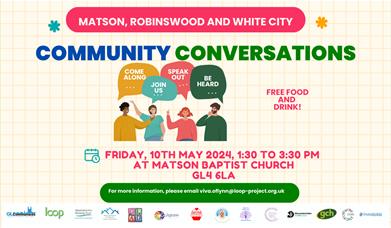 invite to Community Conversations event on Friday, 10th May, 1:30 pm at Matson Baptist Church